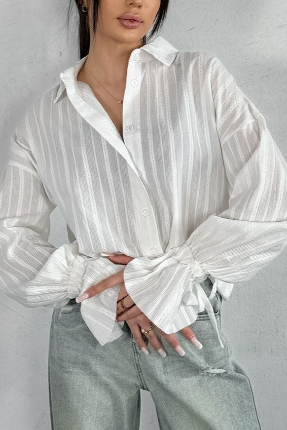Flare Sleeve Jacquard Tie Blouse