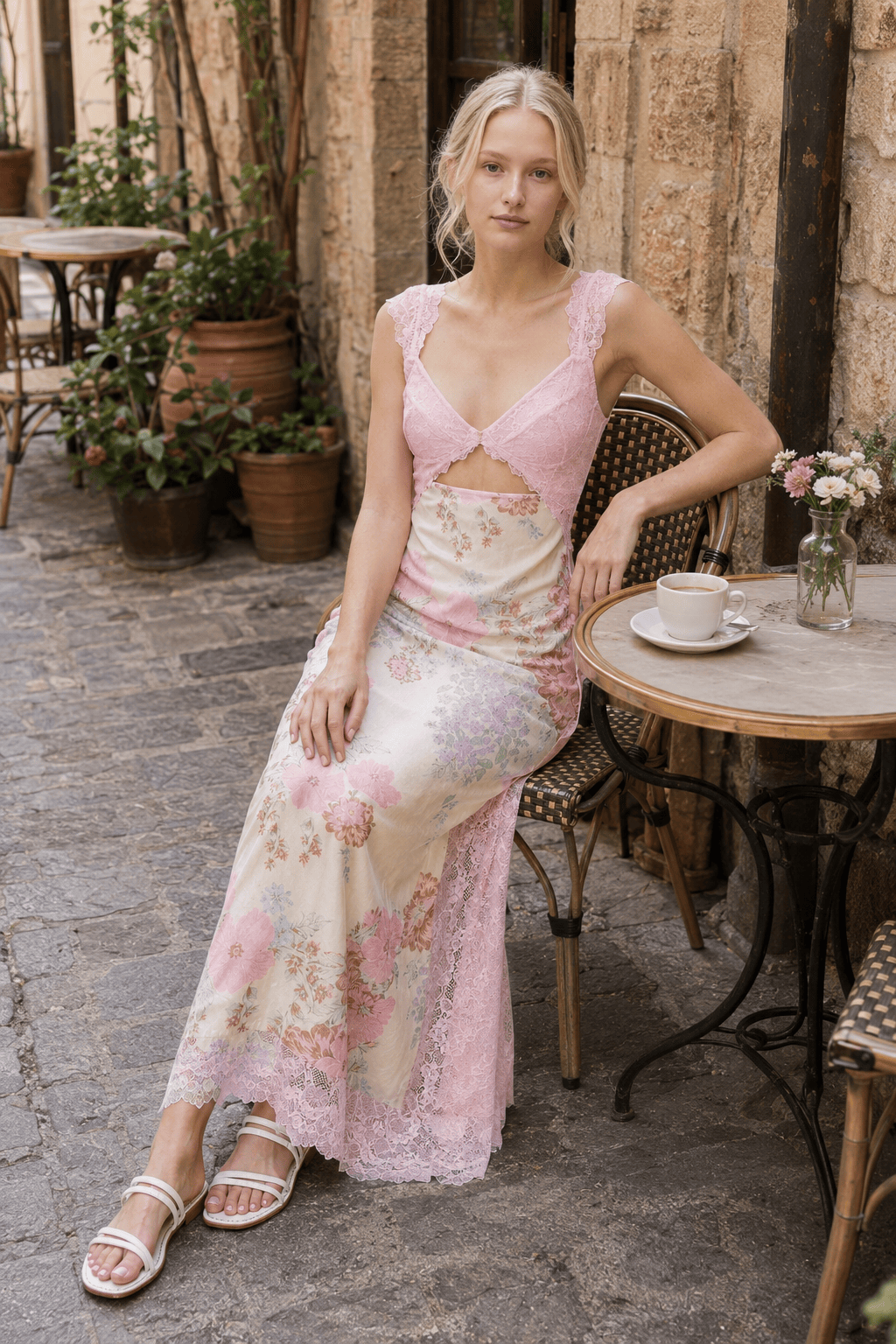 Floral Lace-Trim V-Neck Cut-Out Satin Maxi Dress