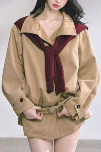 French Hepburn Stand Collar Belted Loose Slim Coat
