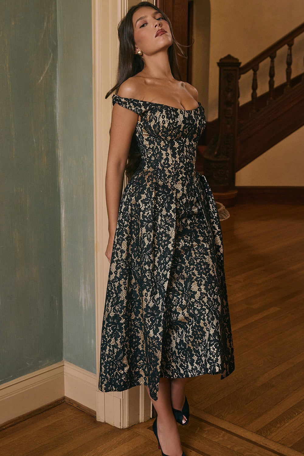 Lace Off Shoulder Corset High Split Midi Dress 7
