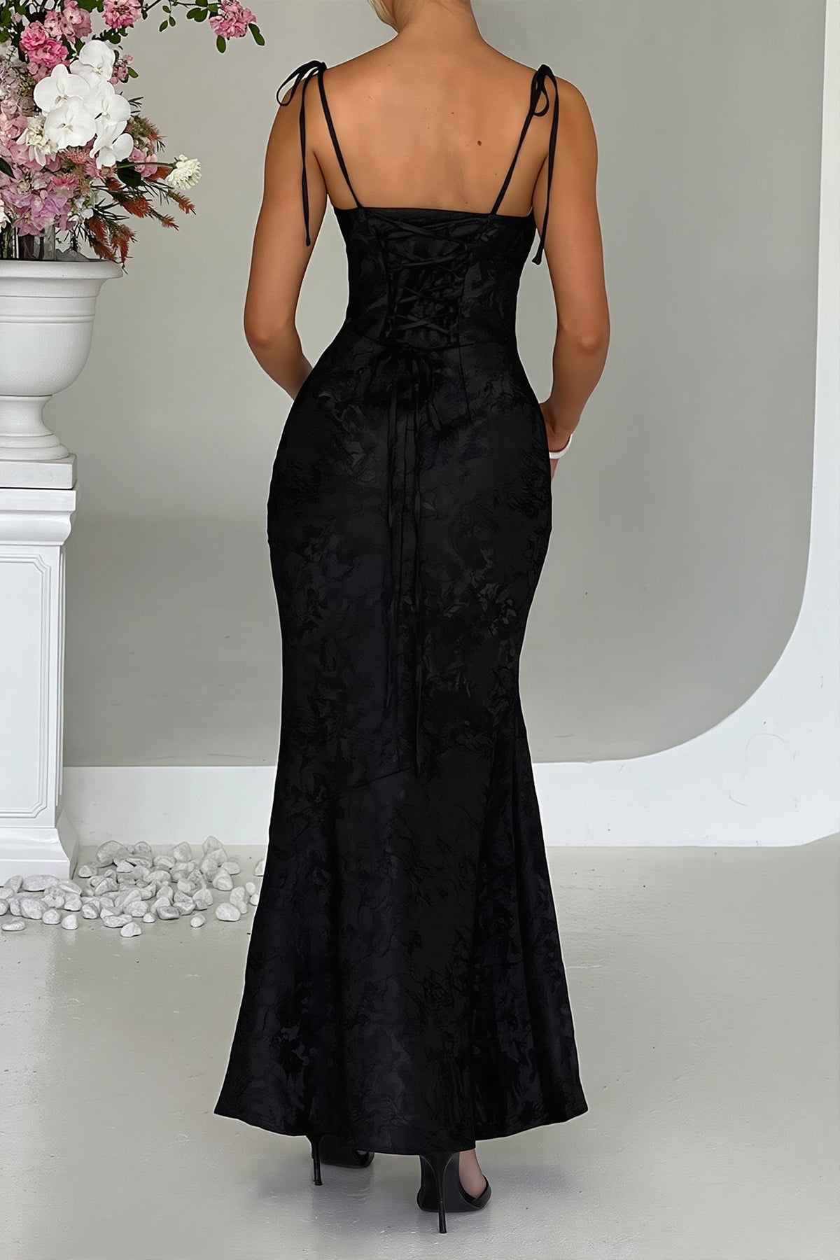 Jacquard Square Neck Tie Strap Fishtail Maxi Gown 7