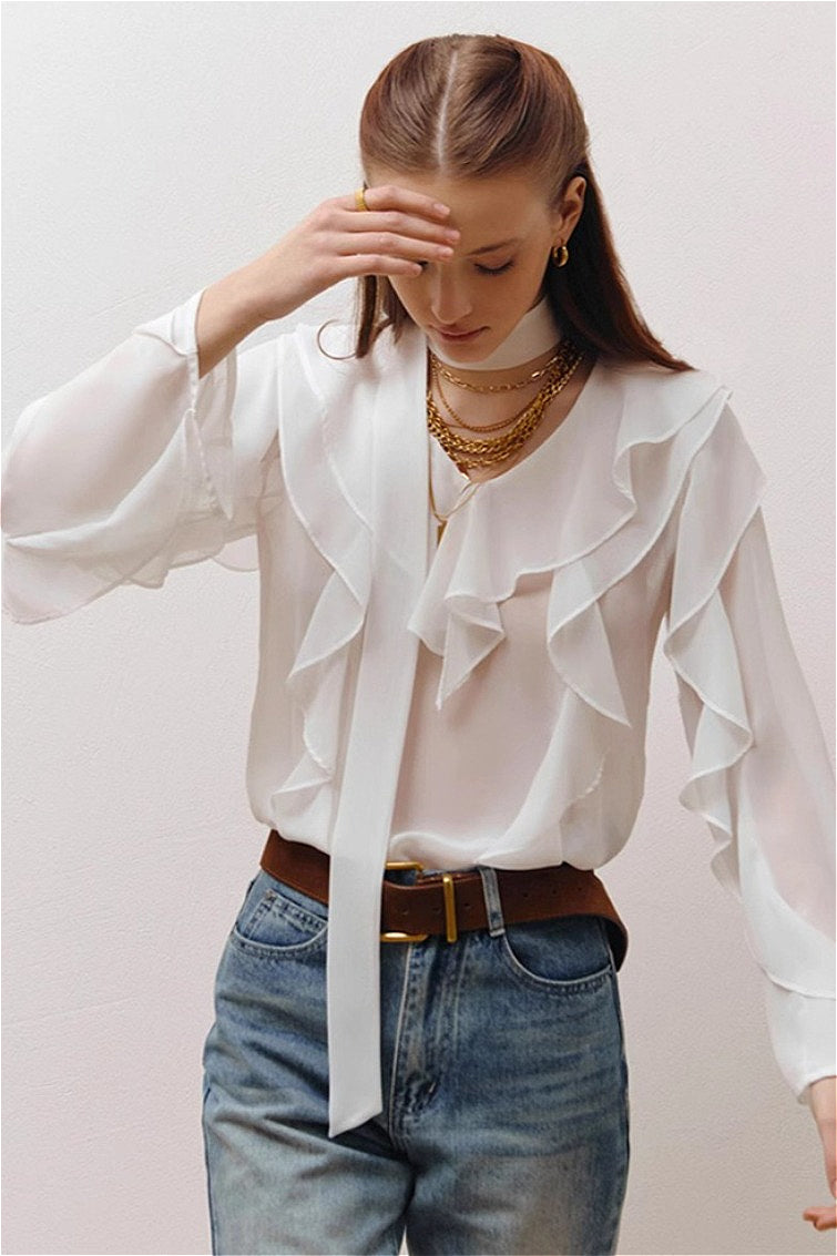 Elegant Solid Chiffon Ruffled Tie Blouse