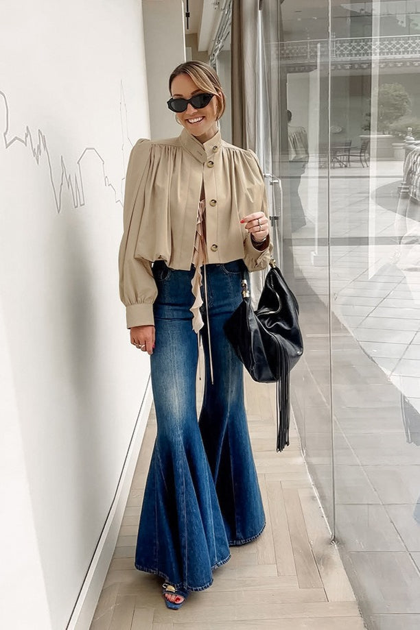 Loose Fit Khaki Puff Sleeve Jacket