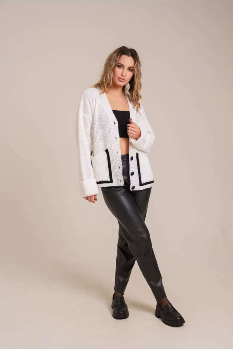 Colorblock V-Neck Knit Cardigan with Practical Pockets