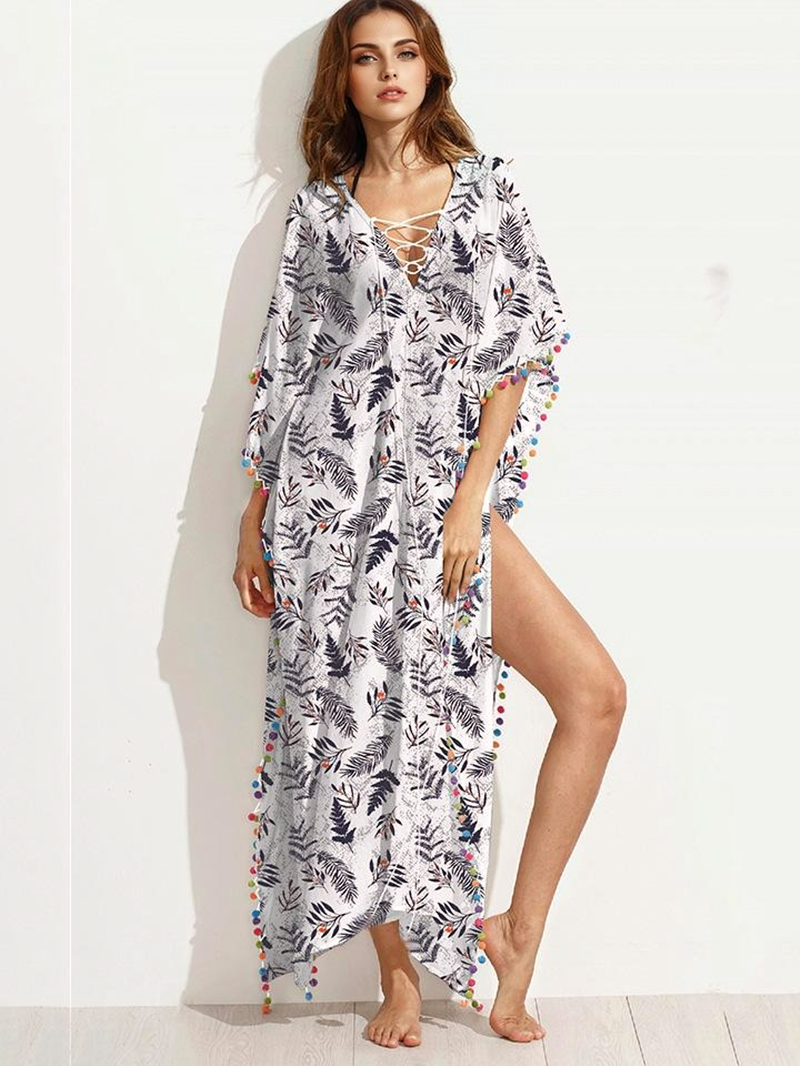 Leaf-Print Lace-Up Pom-Pom Trim Side-Slit Maxi Dress