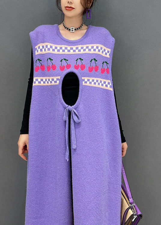 Knit Cherry Print Checkerboard Sleeveless Cut Out Maxi Dress - View 5