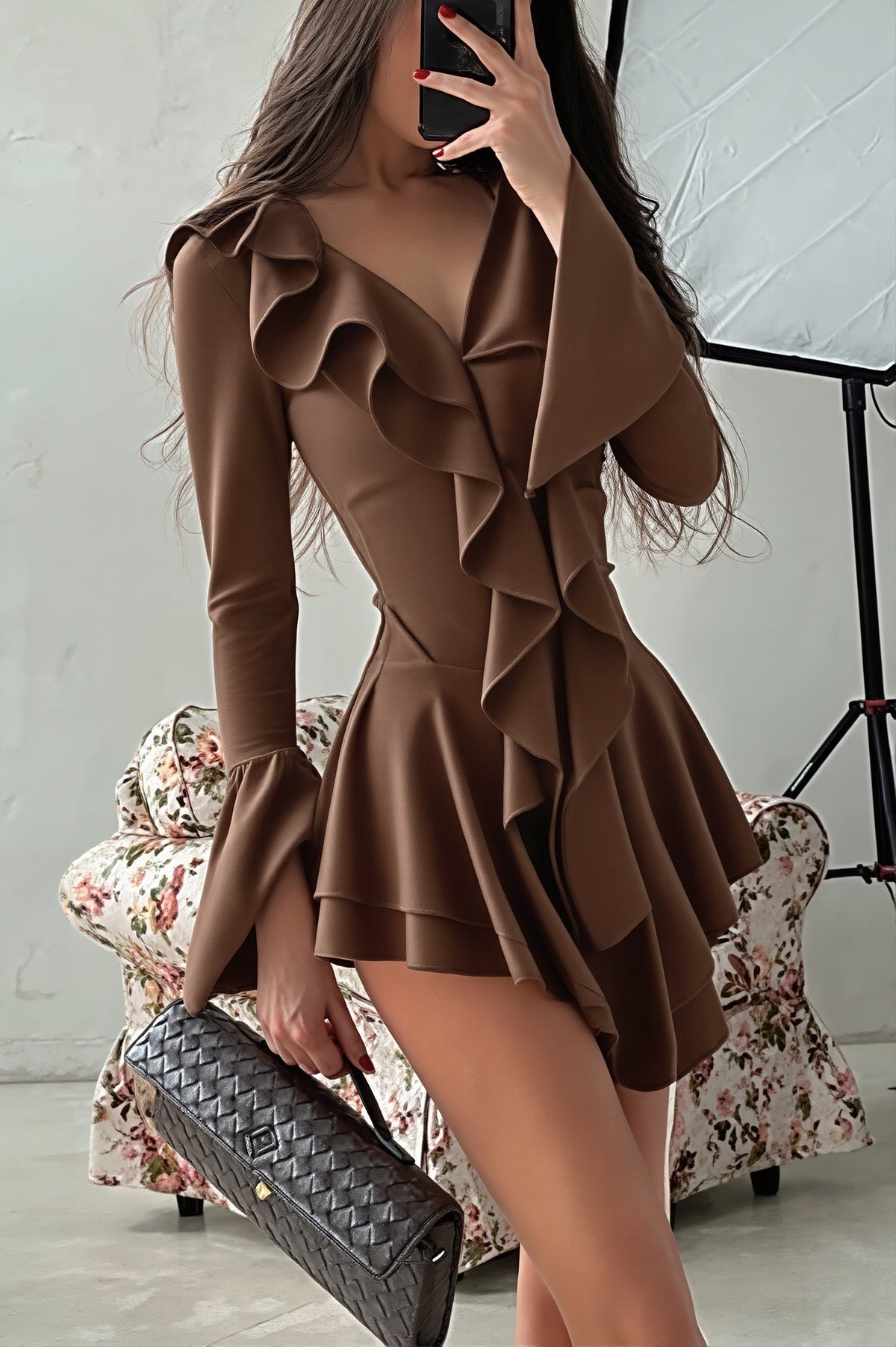 Ruffle Front Long Sleeve Shirt Mini Dress 7