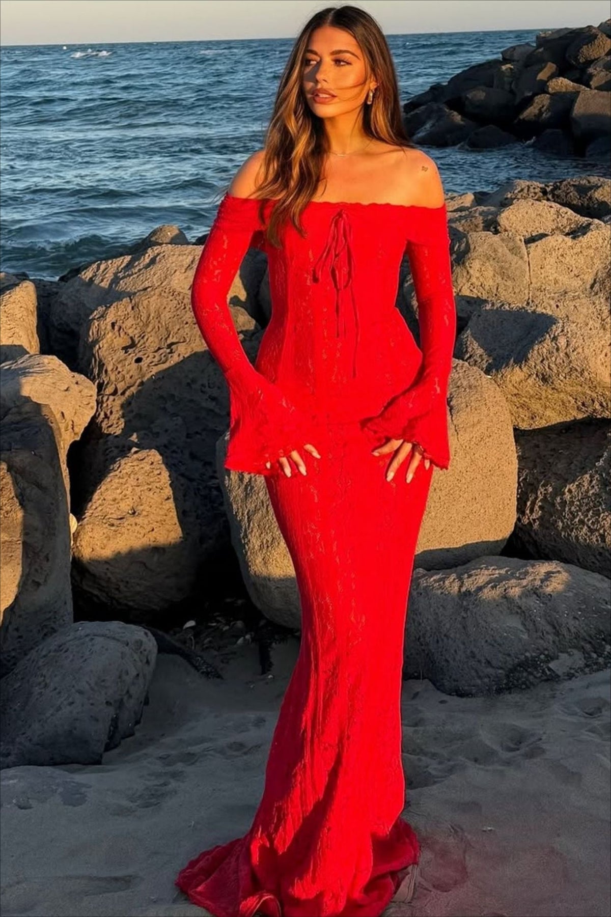 Lace Bustier Bell Sleeve Maxi Dress