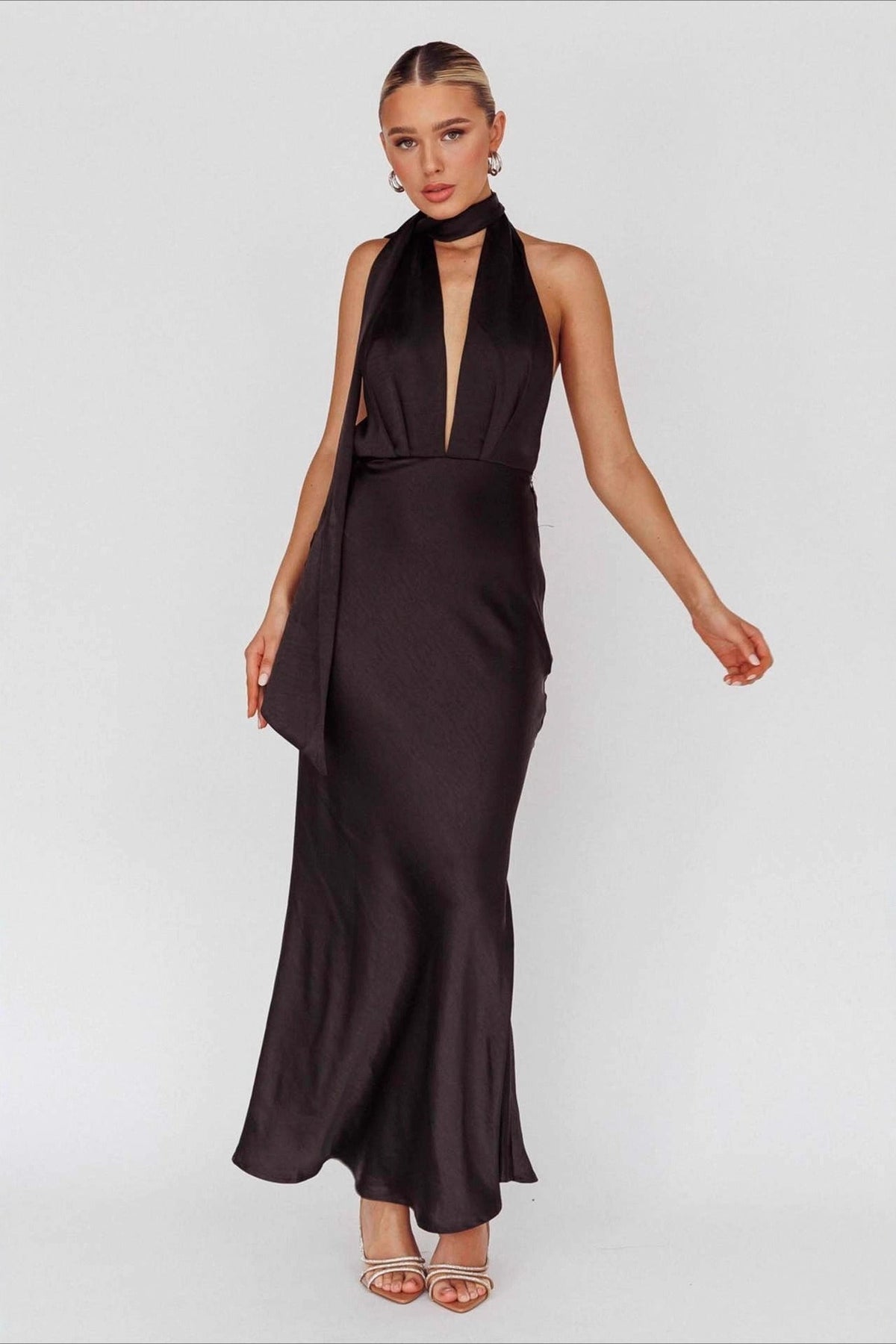 Satin Halter Neck Deep V-Neck Scarf Tie Maxi Gown 7