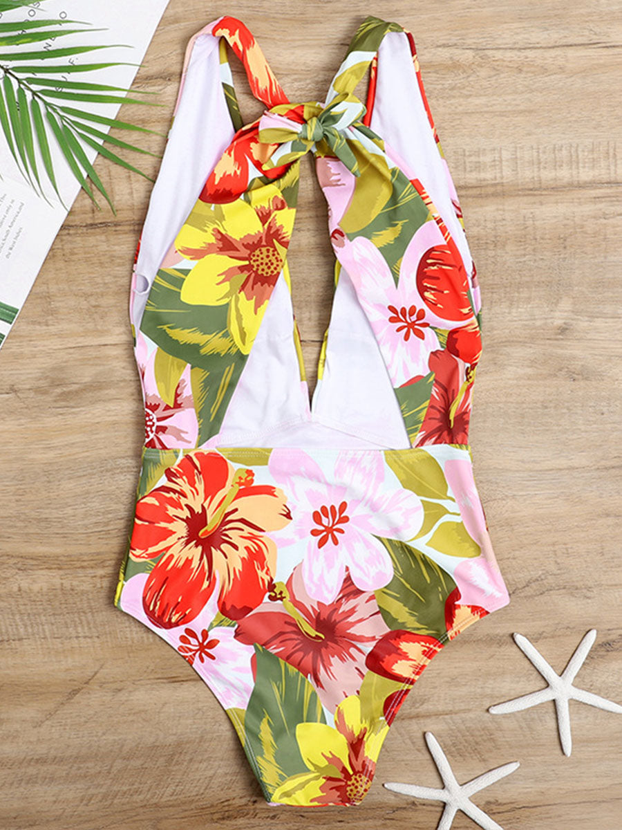 Floral Printed Tie Back Cutout Deep V One Piece Swimsuit - Fashionpara
