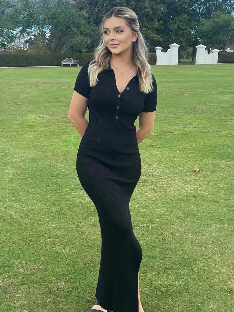 Ribbed Knit Collared Short Sleeve Bodycon Maxi Dress