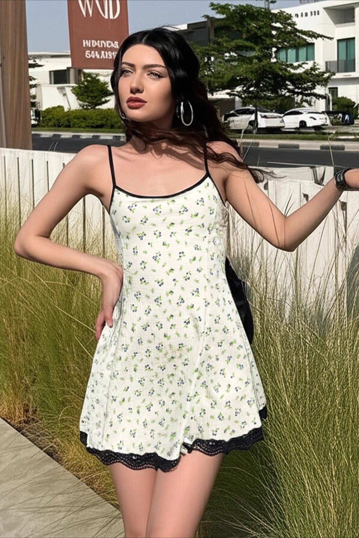Ditsy Floral Lace-Trim Spaghetti Strap Mini Dress
