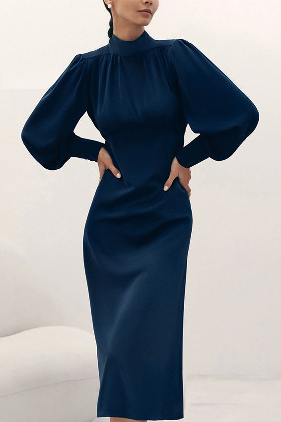 Satin High Neck Puff Sleeve Empire Waist Midi Dress
