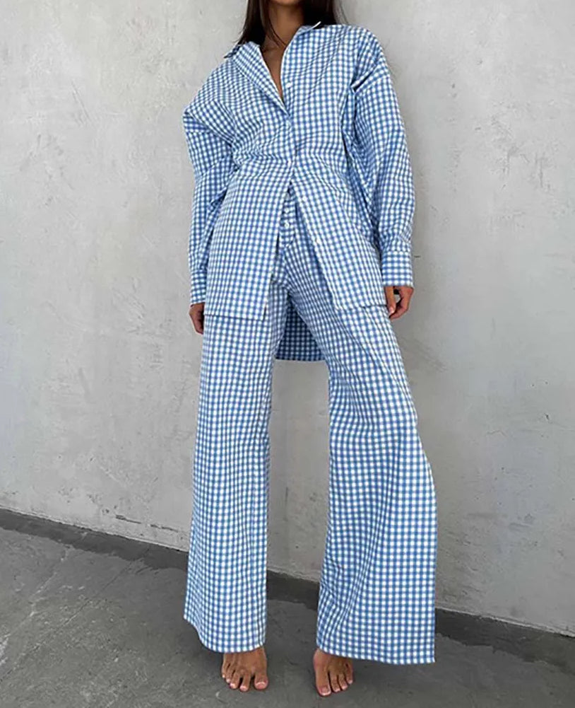 Blue Cotton Print Lapel Straight Pants Office Two Piece Set