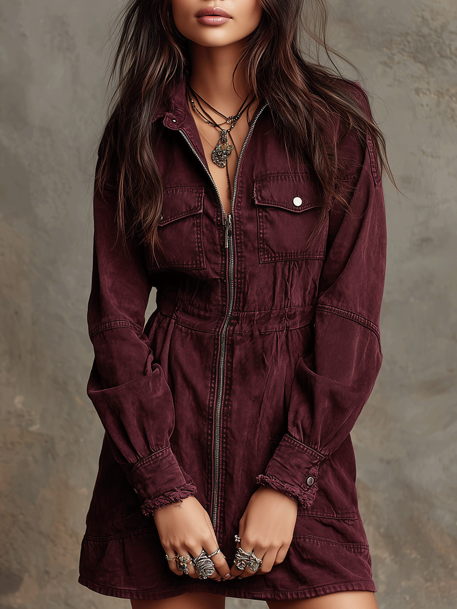 Vintage Burgundy Utility Zip-Front Shirt Mini Dress - Fashionpara