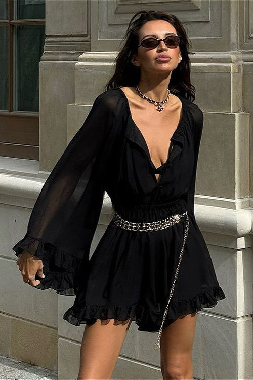 Chiffon Plunge V-Neck Long Sleeve Ruffle Mini Dress