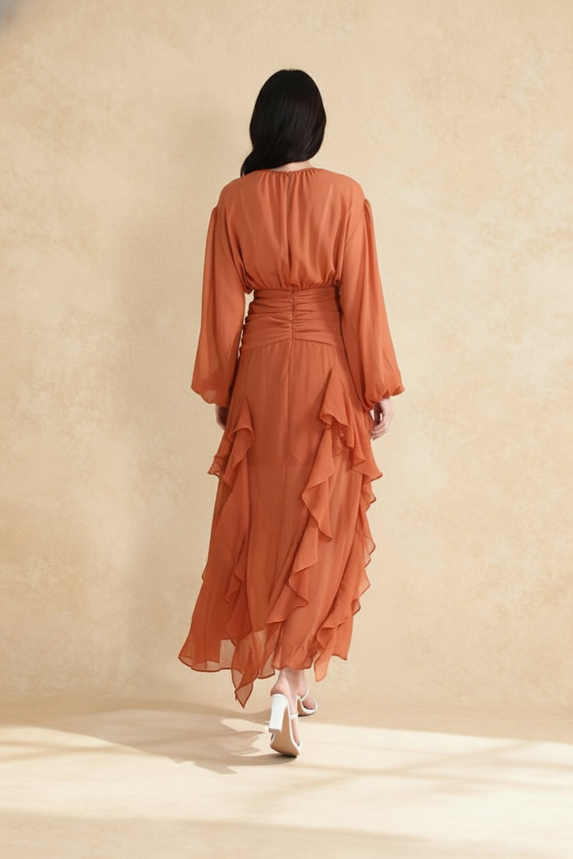 Chiffon Crew-Neck Long Sleeve Ruffle Maxi Dress