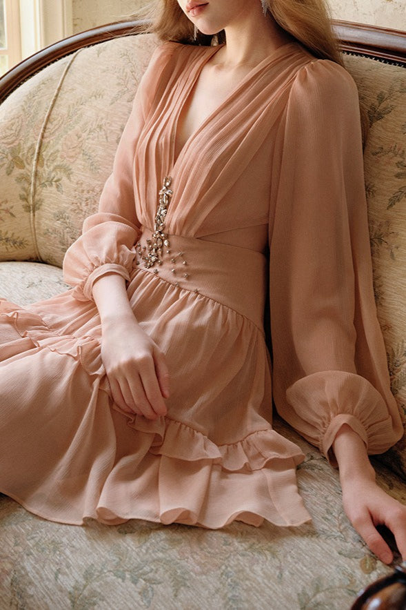 Embellished V-Neck Long Sleeve Tiered Chiffon Mini Dress 4