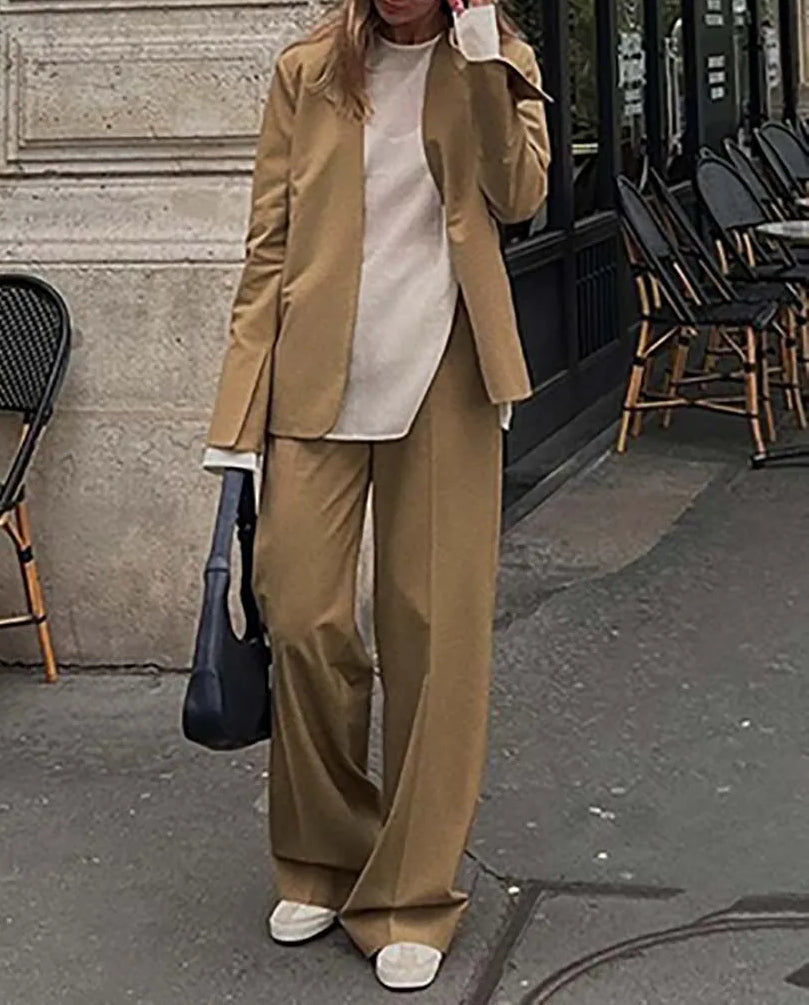 Khaki Simple Shirt Trousers Office Two Piece Set