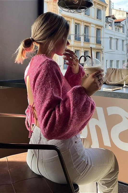 PrincessAce Backless Tie-Knit Crew Neck Long Sleeve Sweater