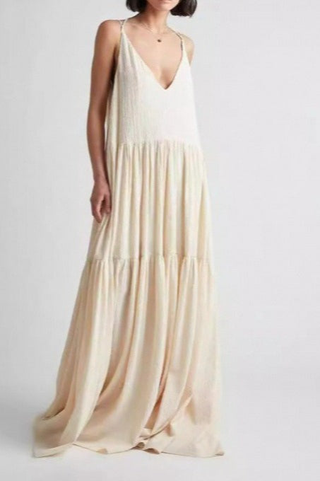Textured V-Neck Strappy Tiered Trapeze Maxi Dress