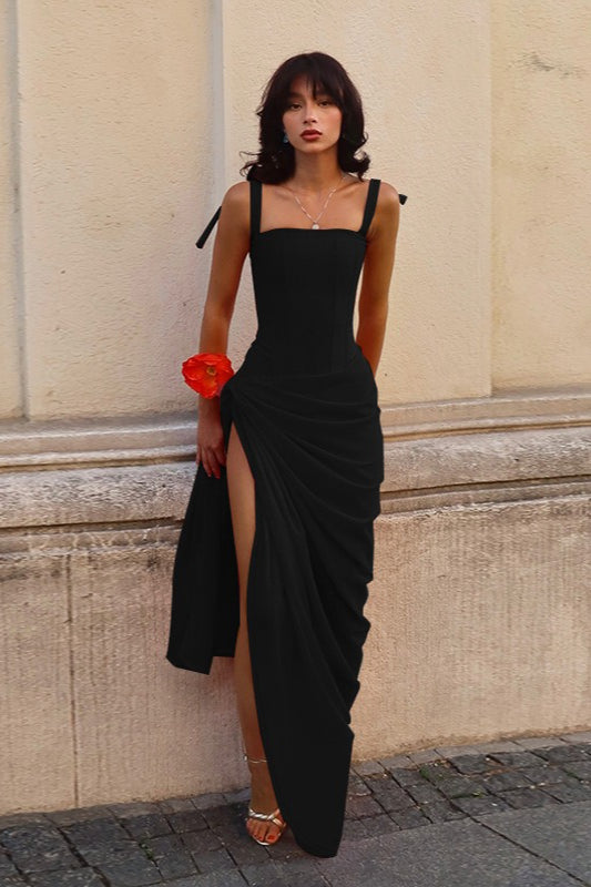Square Neck Strappy Corset Side-Split Maxi Dress