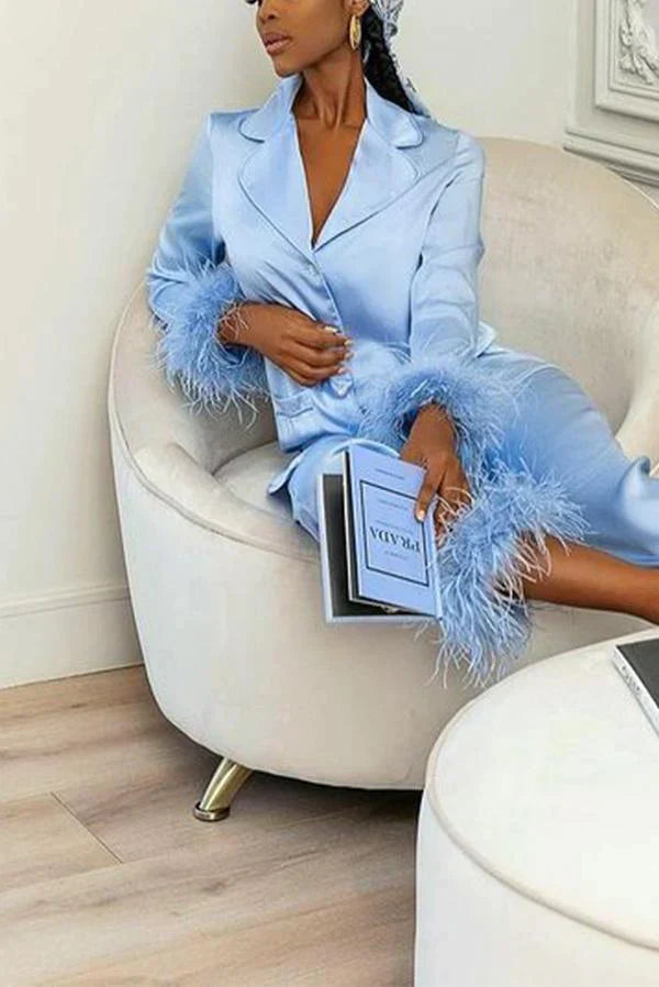 Solid Color Lapel Feather Trousers Two-piece Suit - Fashionpara