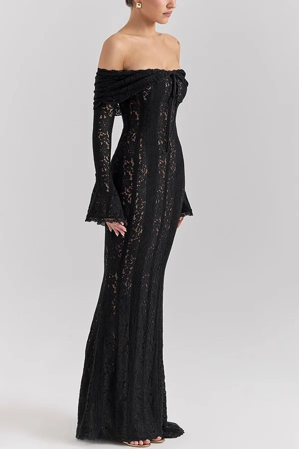 Leila Off Shoulder Floral Lace Flared Sleeve Fishtail Maxi Dress - View 14