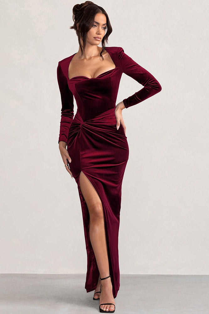 Velvet Square Neck Party Dress - Fashionpara