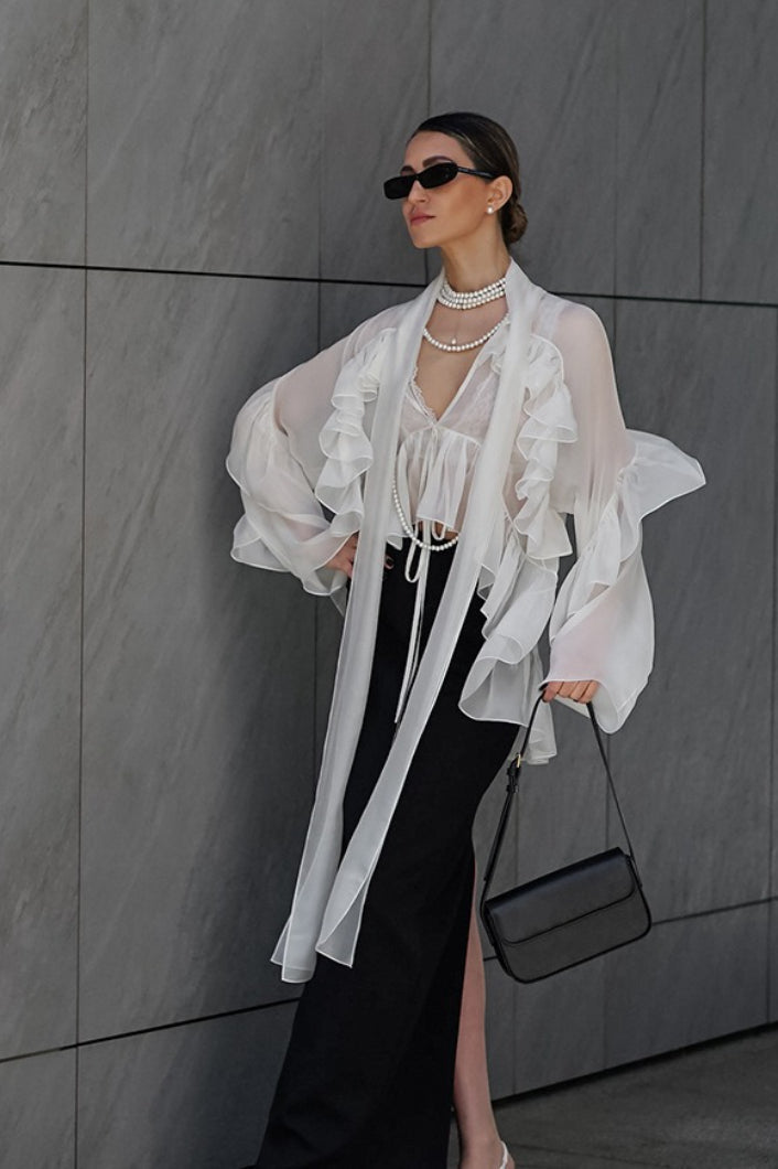 Ruffle Tie Neck Tencel Blouse