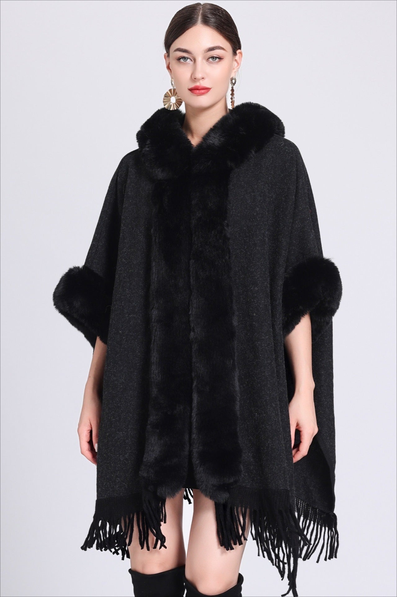 Plus Size Wool Cape Coat with Hood for Elegant Warmth