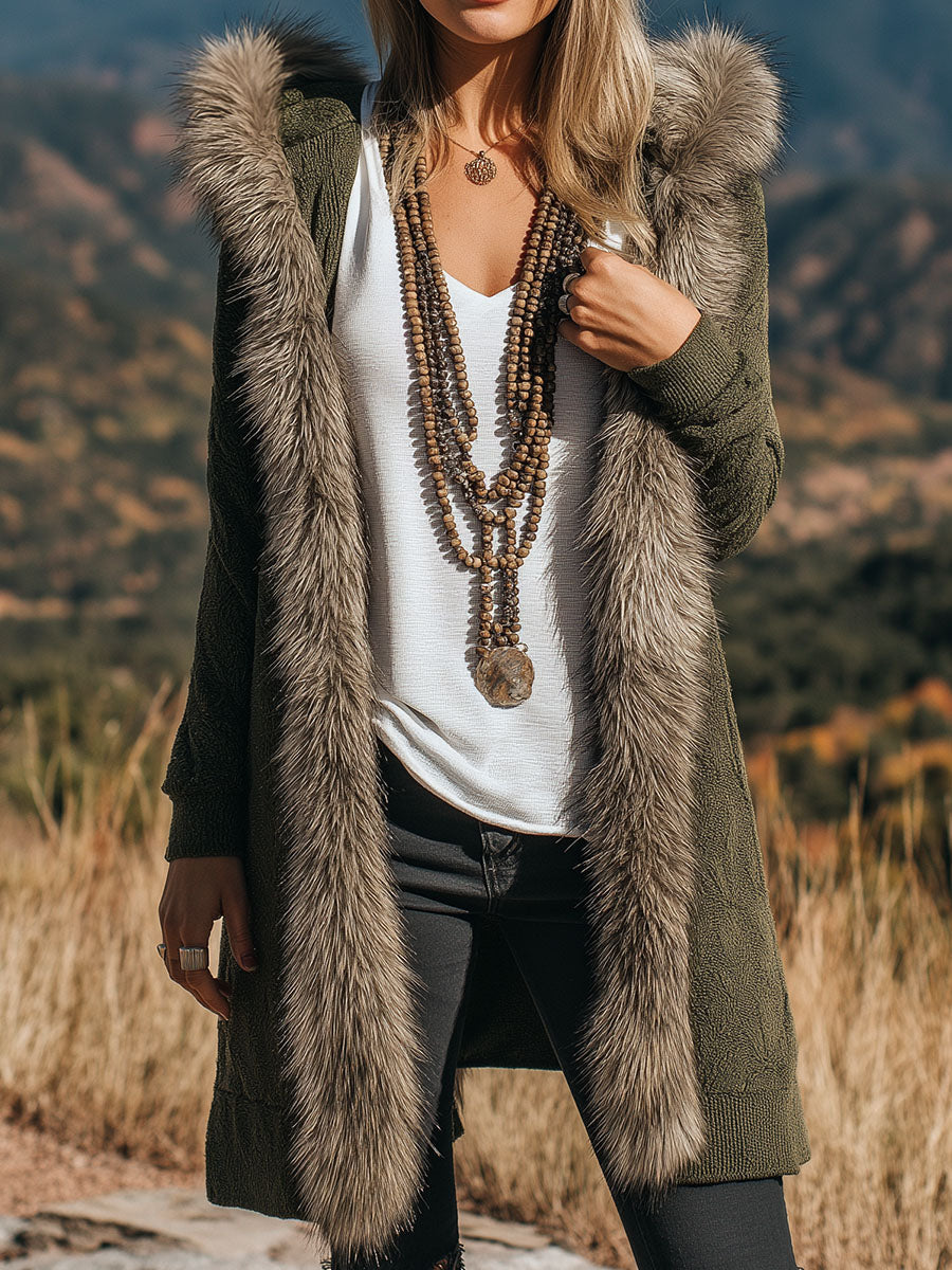 Chic Boho Hooded Eco Fur Trim Long Knit Sweater Coat - Fashionpara