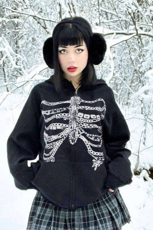 Street Style Skeleton Print Zipper Hoodie