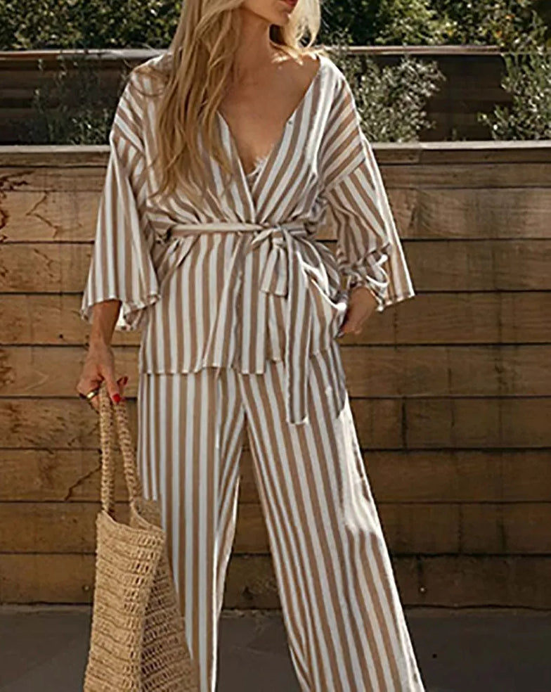 Brown Print V-Neck Drawstring Pants Office Two Piece Set