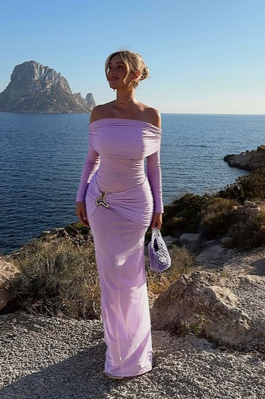 Off Shoulder Mesh Sleeve Maxi Dress - View 3