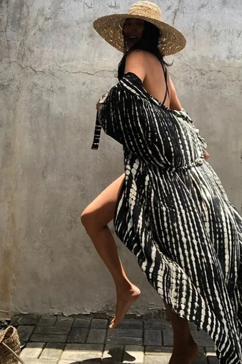 Cotton Rayon Tie-Dye Stripes Boho Kimono Cover up - Fashionpara