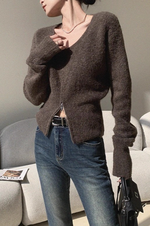 Brown V-Neck Soft Knit Top