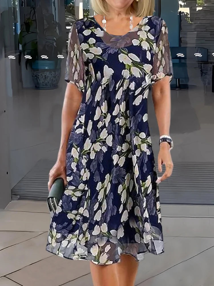 Floral Print Scoop Neck Short Flutter Sleeve Layered Midi Dress