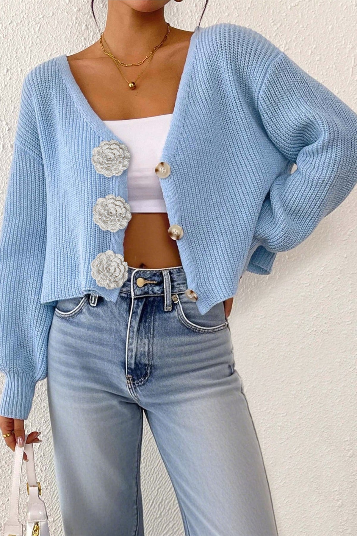 Button Front Crochet Knit Crop Sweater 46