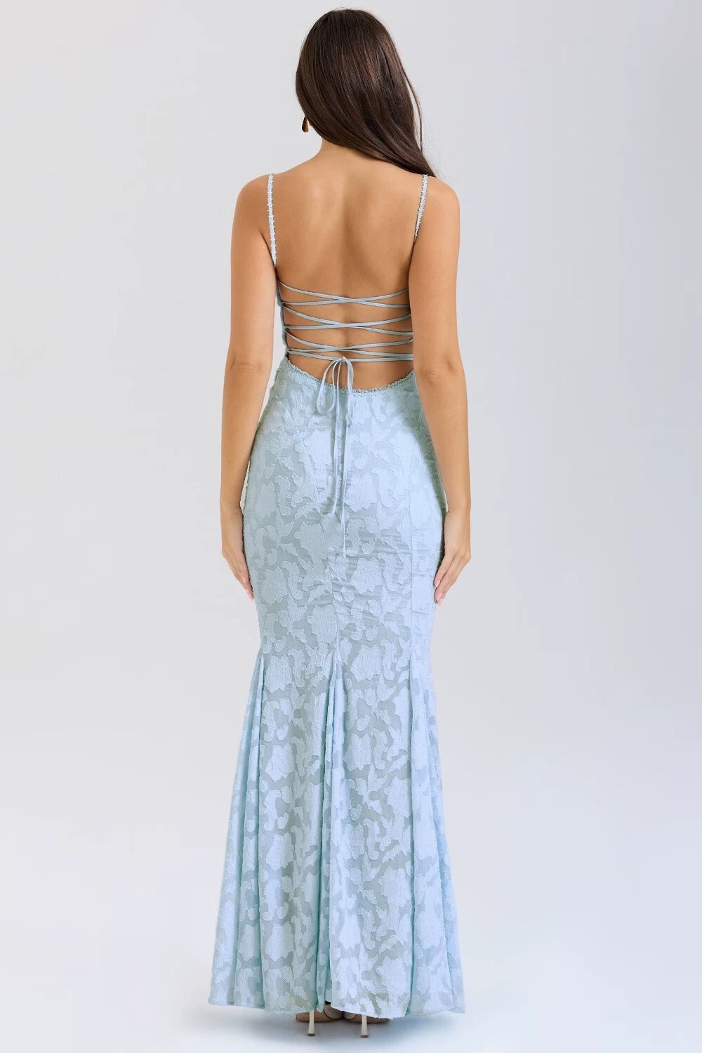 Tie Waist Sling Embroidered Mermaid Lace Dress in Blue - View 6