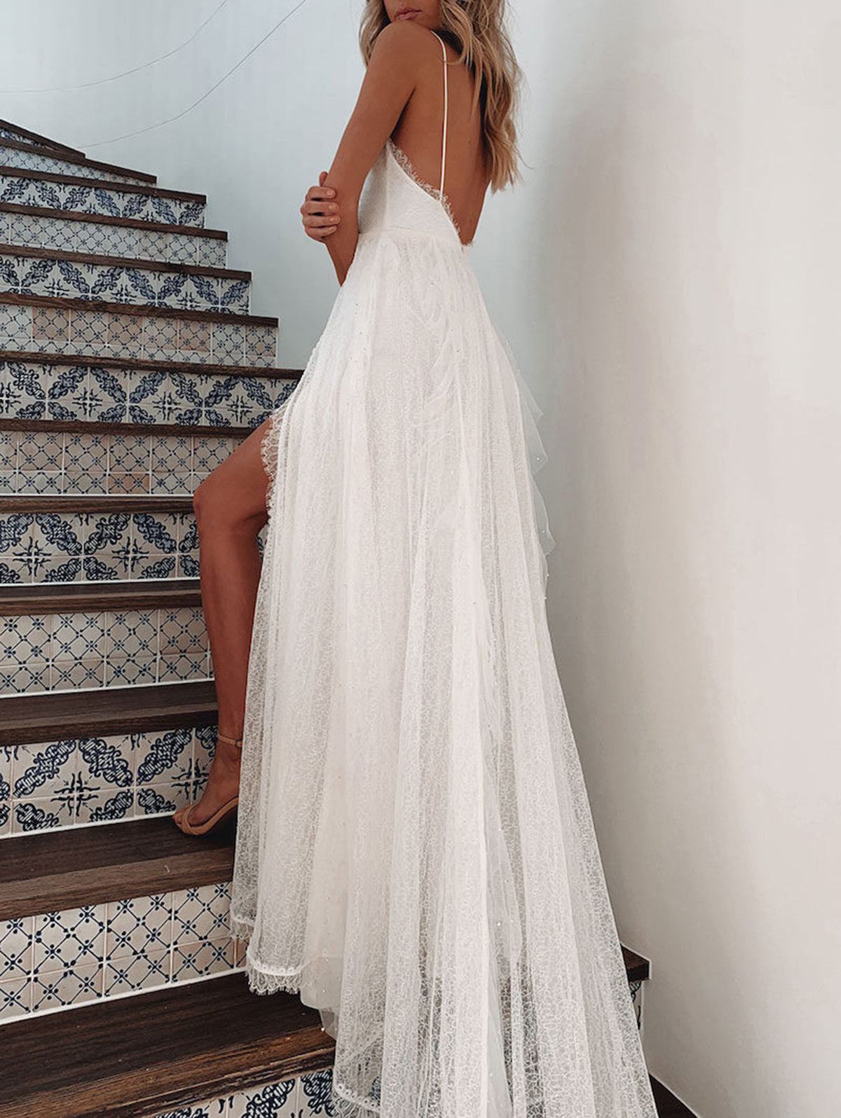 White Wedding Deep V Neck Backless Lace Split Maxi Dress - View 3