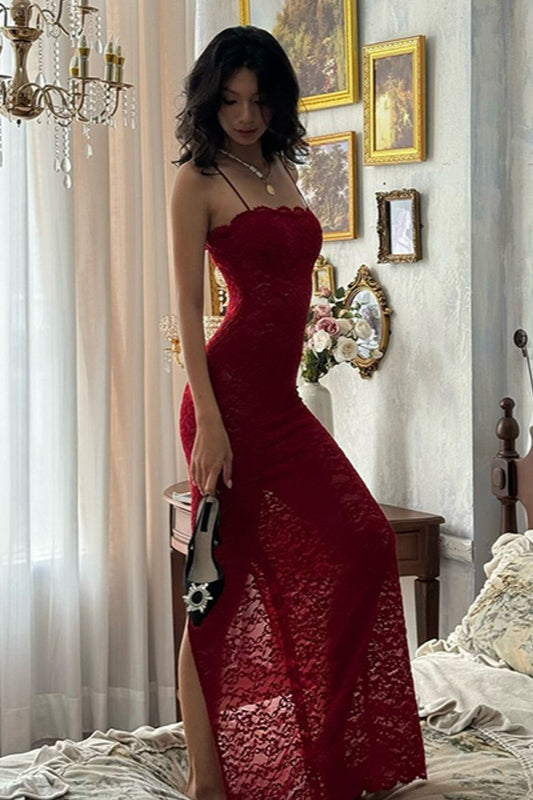 Elegant Red Lace Strapless Cami Bodycon Maxi Dress