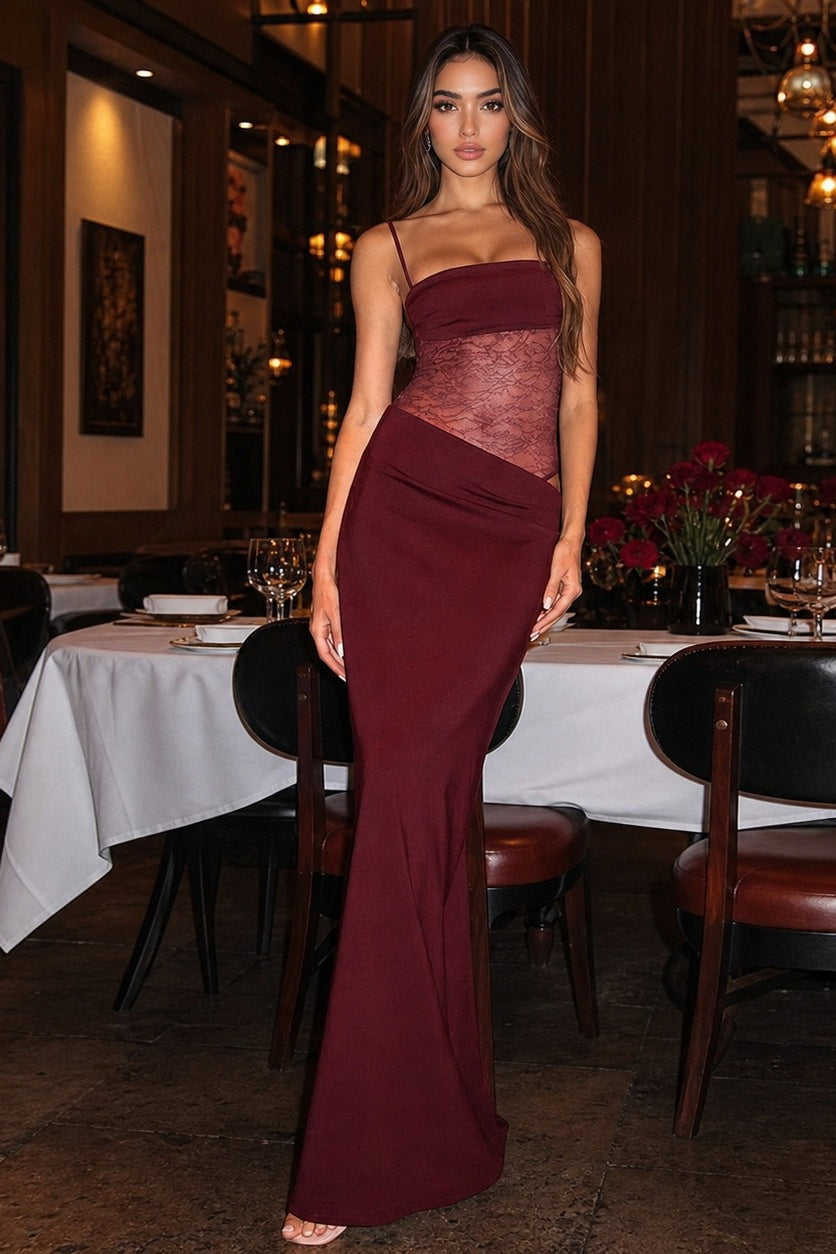Satin Lace Panel Straight Neck Mermaid Maxi Dress