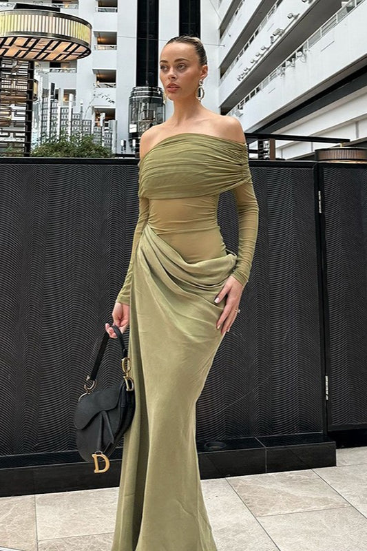 Off Shoulder Long Sleeve Sheer Mesh Ruched Bodycon Maxi Dress - View 7