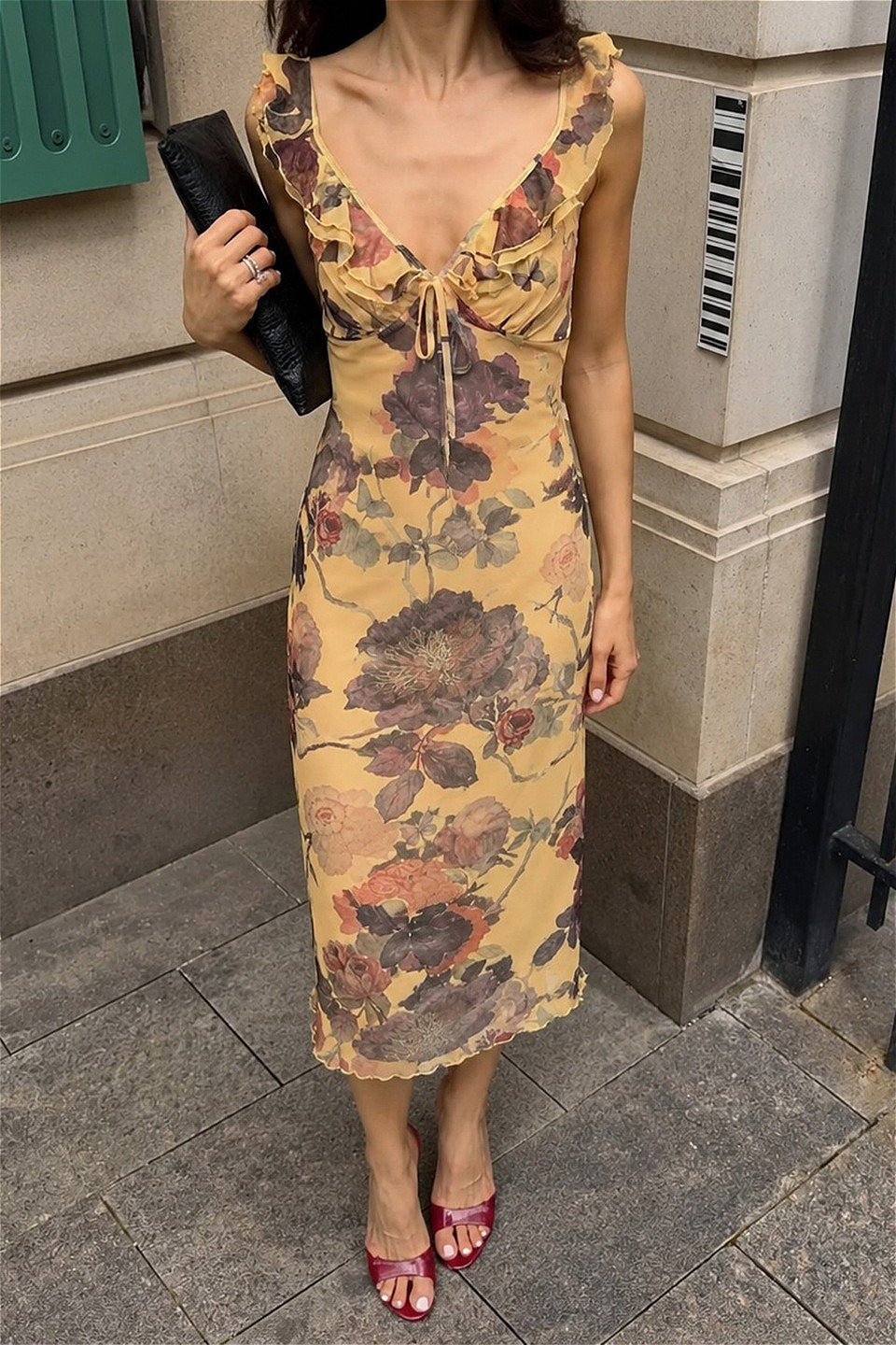 Floral Ruffle V-Neck Tie Front Slip Midi Dress