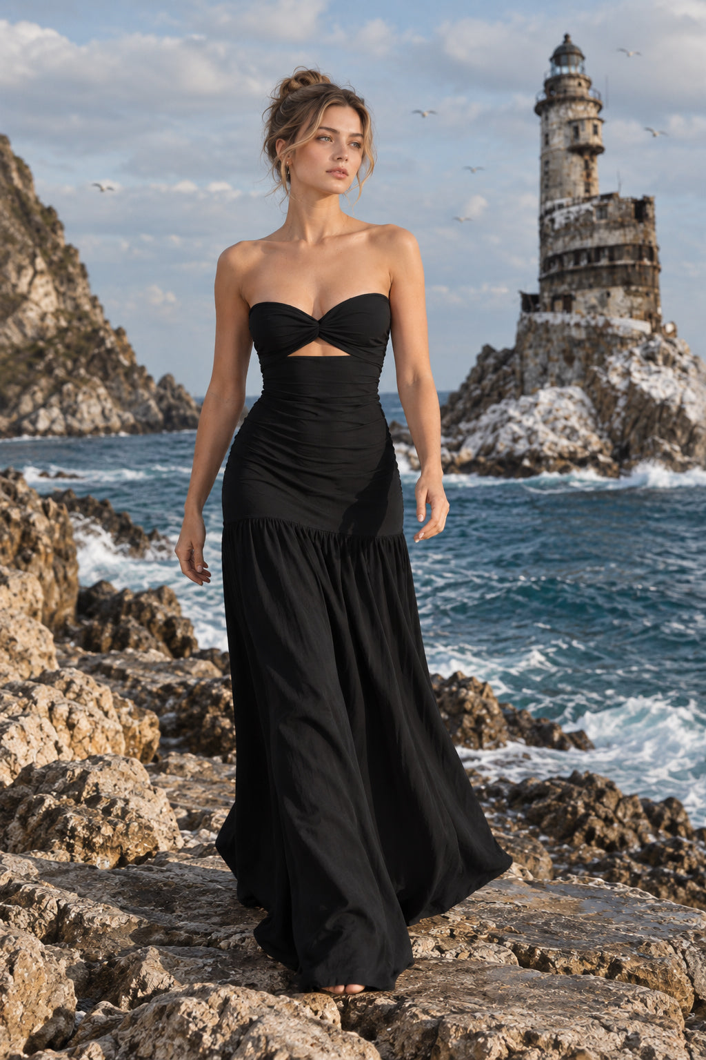 Strapless Twist-Front Cut-Out Ruched Drop-Waist Maxi Dress