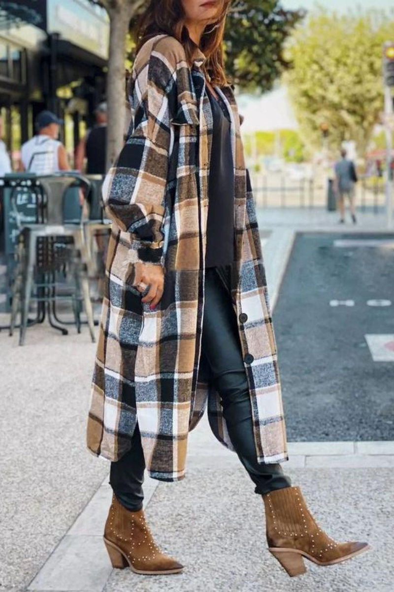 Lapel Plaid Slit Long Woolen Coat