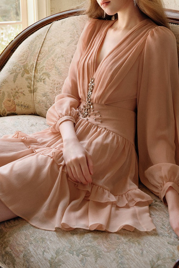 Chiffon V-Neck Long Sleeve Embellished Tiered Mini Dress 3