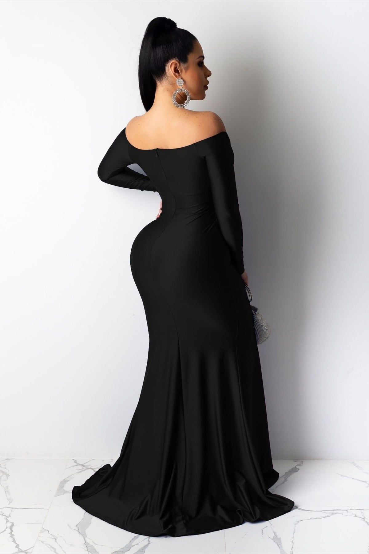 Satin Off Shoulder Long Sleeve High Split Mermaid Maxi Gown - View 7