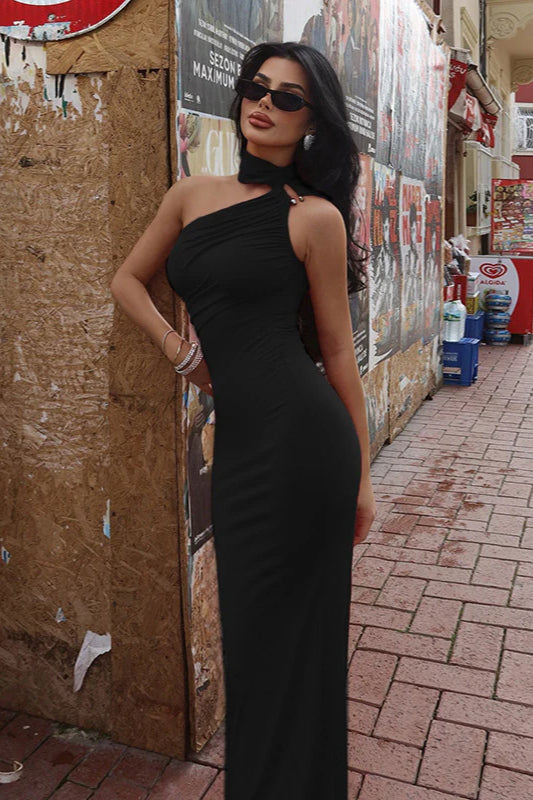 Asymmetrical Shoulder Bodycon Maxi Dress